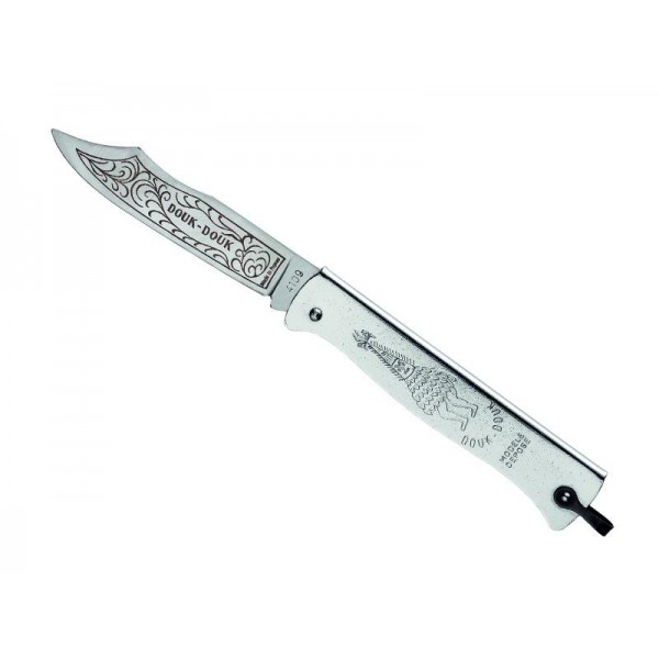 Couteau « DOUK-DOUK », lame acier inox Z70CD15 forgée et gravée, manche 11 cm métal chromé sur nickel, avec bélière.