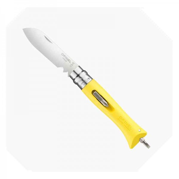 Couteau Opinel Inox numéro 9 bricolage jaune, dénude fil et coupe fil, 2 embouts tournevis