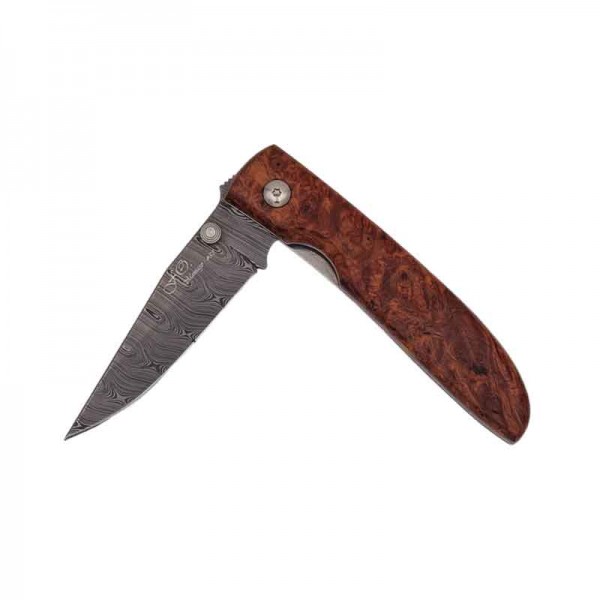 Couteau Damas Fox 1 main inox RWL34 manche en bois d'amboine, en coffret cadeaux