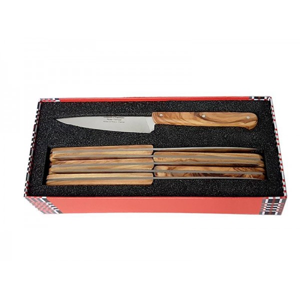 Coffret de 6 couteaux de table Goyon-Chazeau - Le P'tit Tradi - manche en bois d'olivier (photo du coffret)